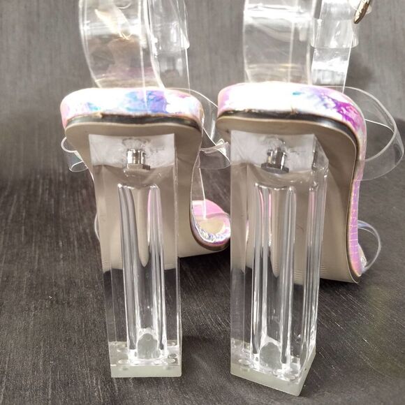 NEW Lucite Iridescent Block Heel Ankle Buckle Strap Sandals Size 37 or 6… - Picture 4 of 6